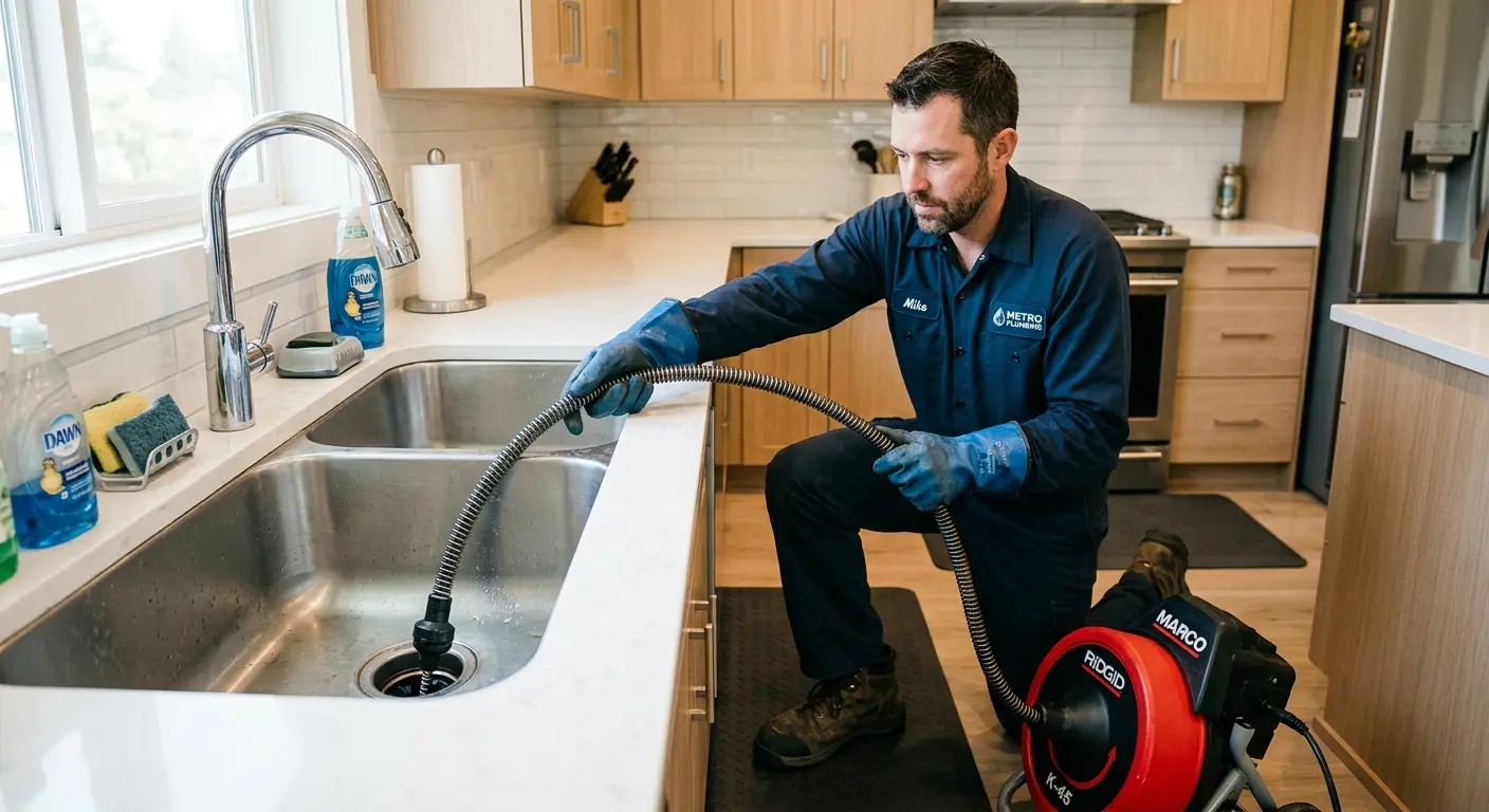 Drain cleaning technician using a motorized snake on a kitchen sink in Foster City