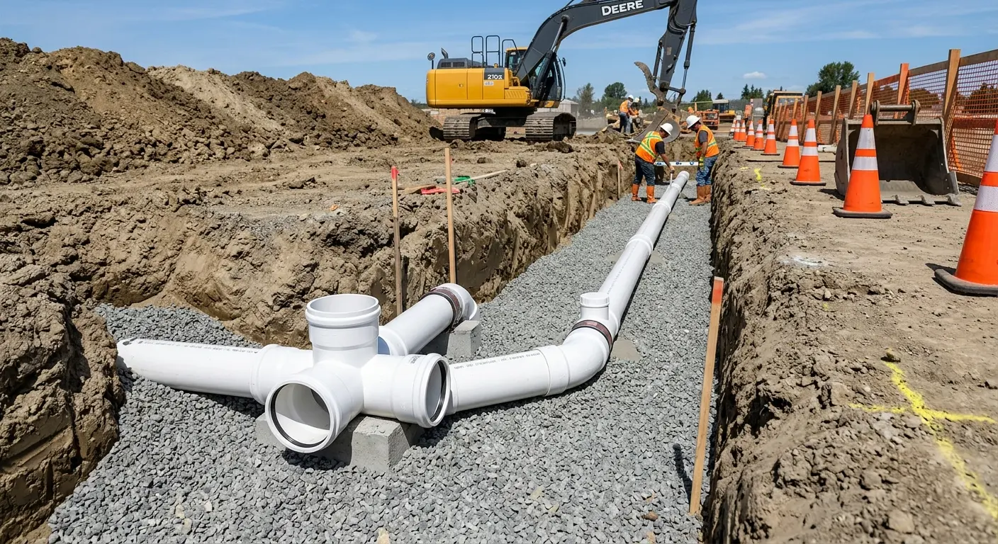 New PVC sewer pipe installation in open trench for Grease Trap Cleaning in Foster City