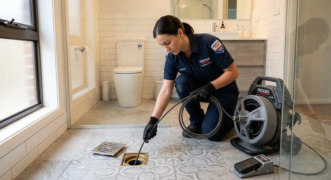 Technician clearing a bathroom floor drain for Hydro Jetting in Foster City